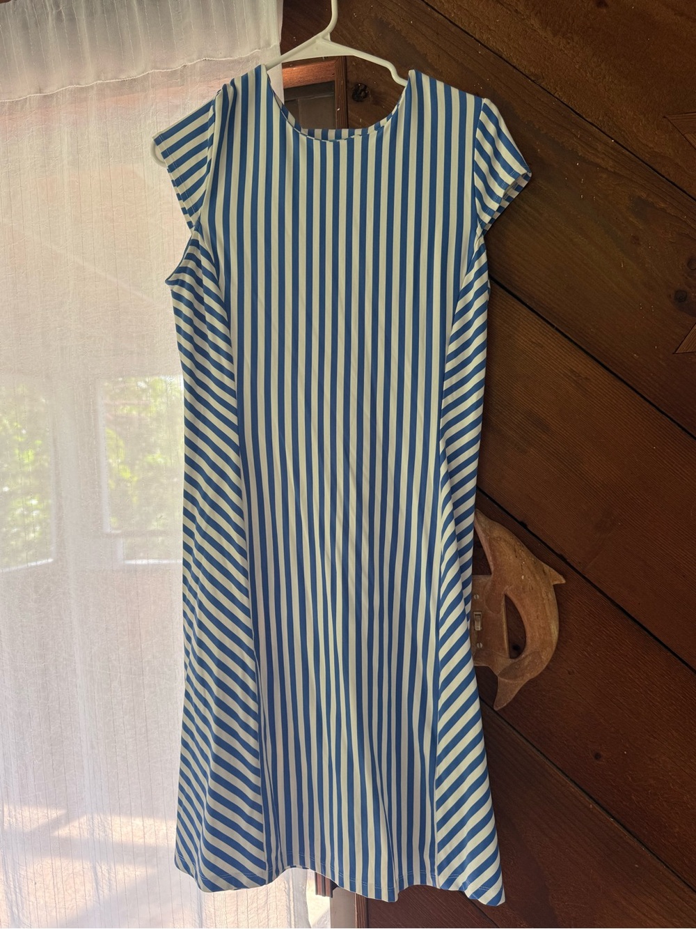 J. McLaughlin Blue and White Vertical Stripe Cap-Sleeve Dress
